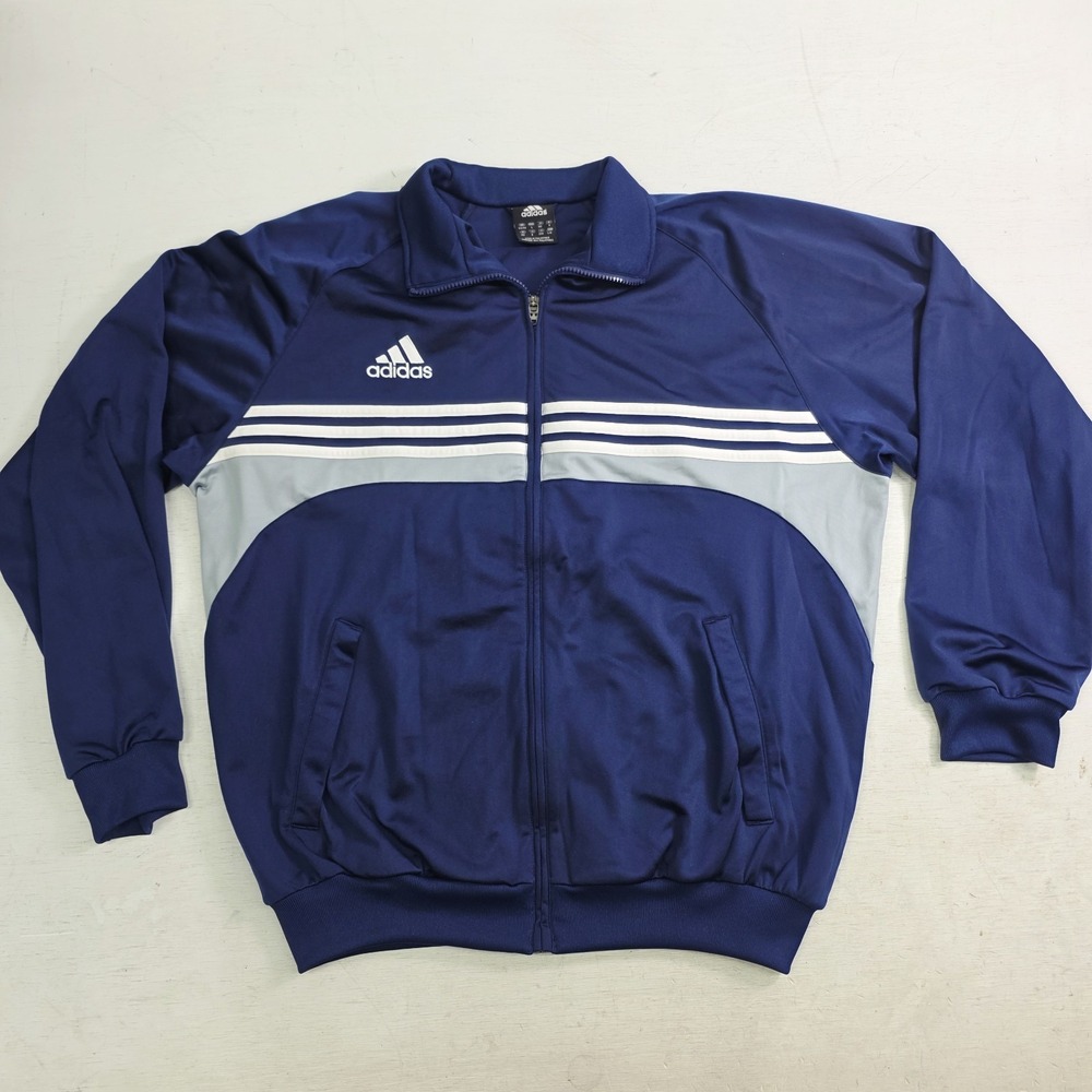 Adidas Navy Blue Full Zip Track Jacket White Stripe Vintage Y2K Men's Sz L EUC